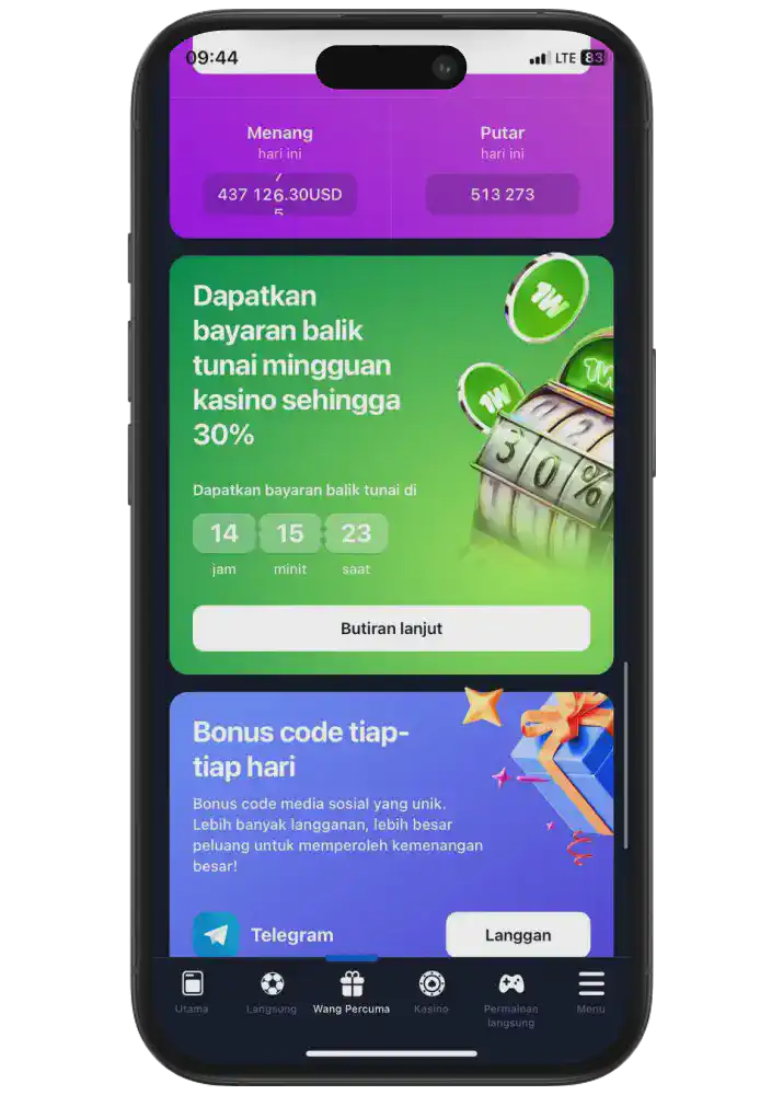 Dapatkan bonus Pulangan Tunai 1win