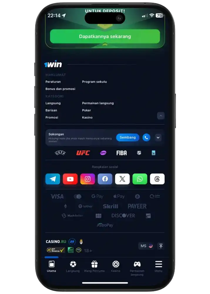 Pilihan sokongan pelanggan di kasino dalam talian 1win